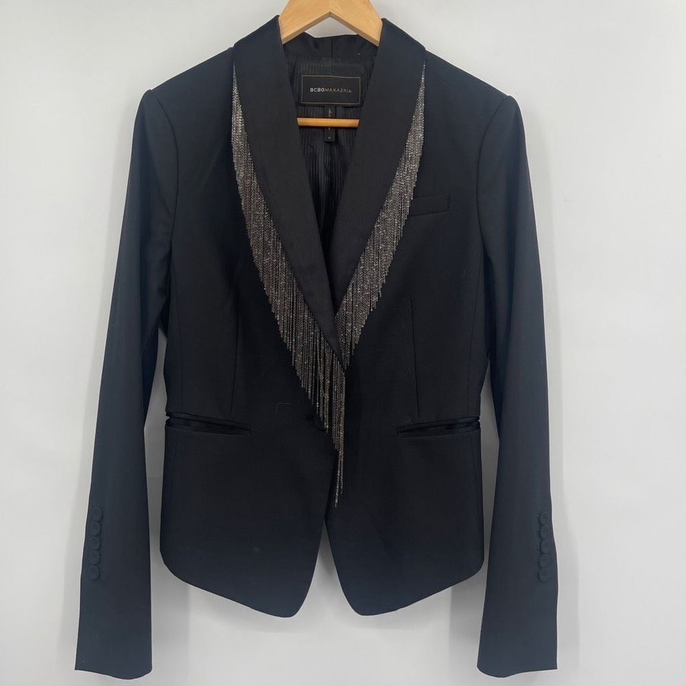 BCBGMaxazria Bowi Shawl Fringe Metal Lapel Long Sleeve Black Blazer M